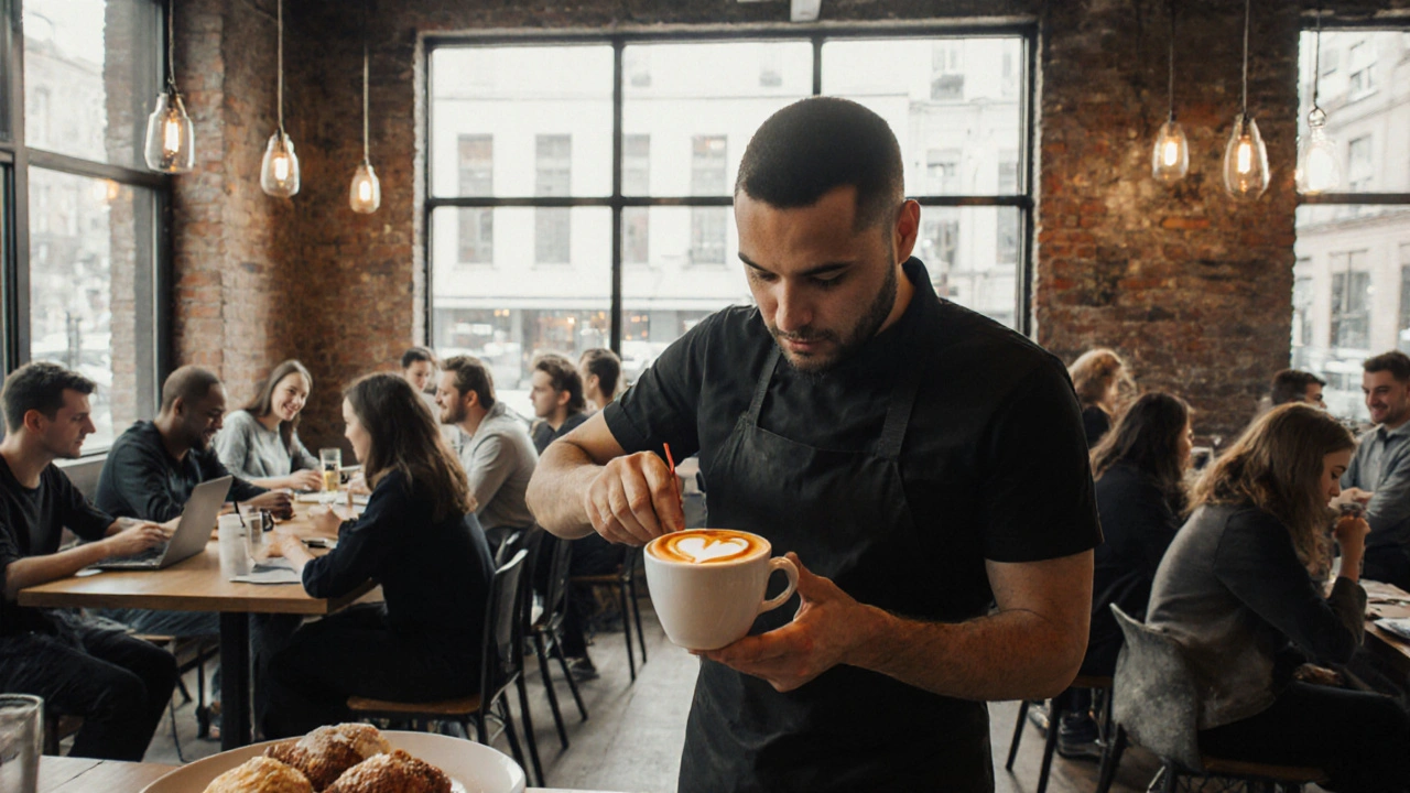 Бариста робить лате-арт для клієнта в сонячній кав’ярні в Києві.