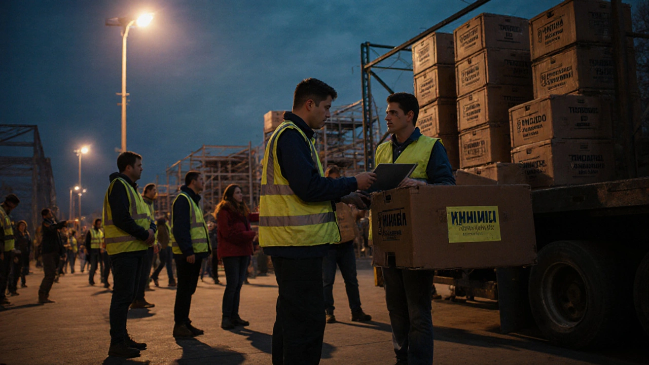 Група працівників завантажує коробки на вантажівку на складі на Лівобережжі ввечері.