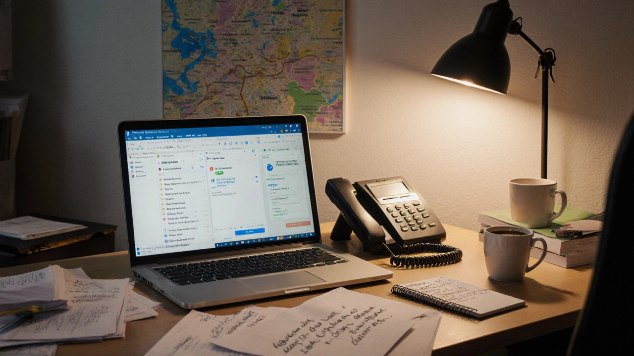 Інтер&#039;єр ріелторського офісу в Києві з документами, ноутбуком і картою міста на стіні.