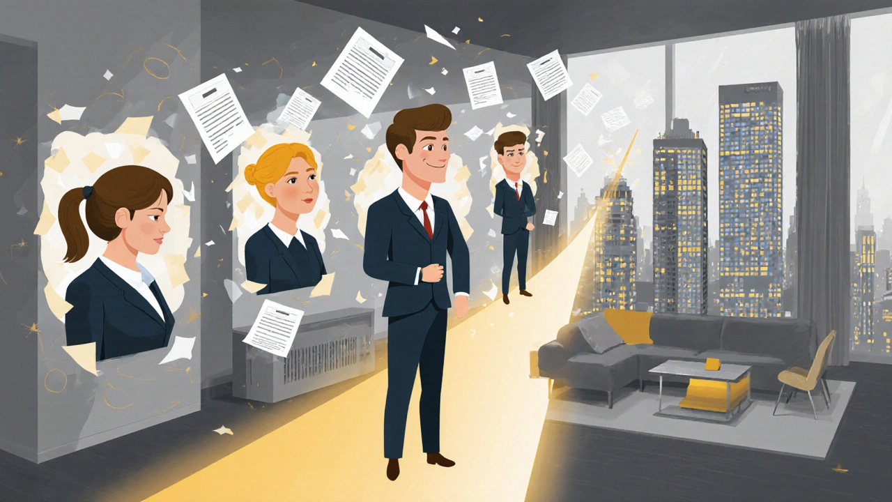 Концептуальна ілюстрація ріелтора як фігури з чотирма ролями в середині квартири.