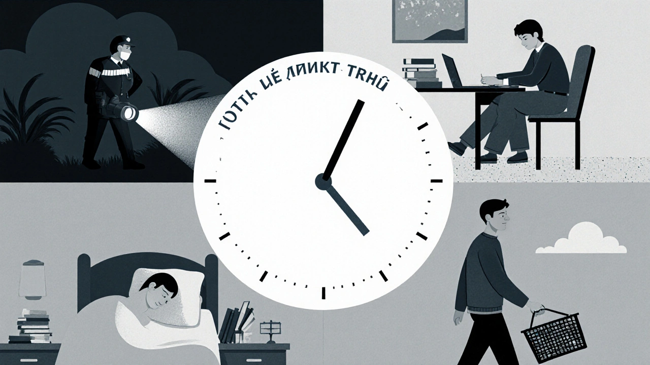 Круговий графік роботи охоронця: вахта, сон, навчання, покупки — цикл 4 дні.