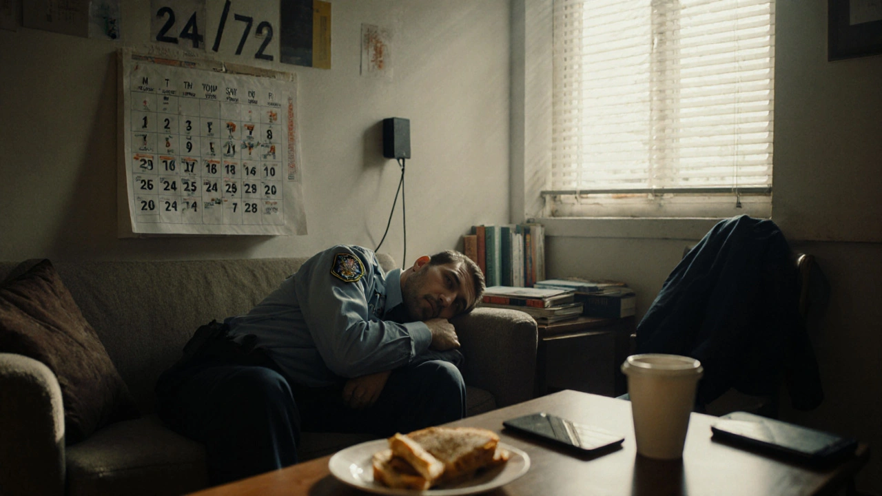 Охоронець відпочиває в кімнаті відпочинку, спить на дивані, на столі кава і сендвіч.