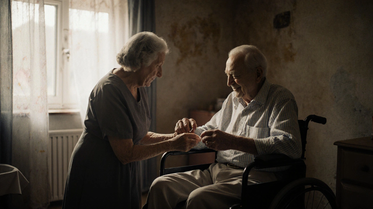 Пожила жінка доглядає за хворим чоловіком, тримаючи його за руку в сімейній обстановці.