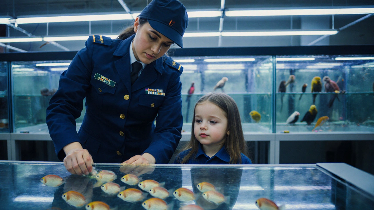 Працівник перевіряє параметри води в акваріумі, дитина спостерігає за рибками.