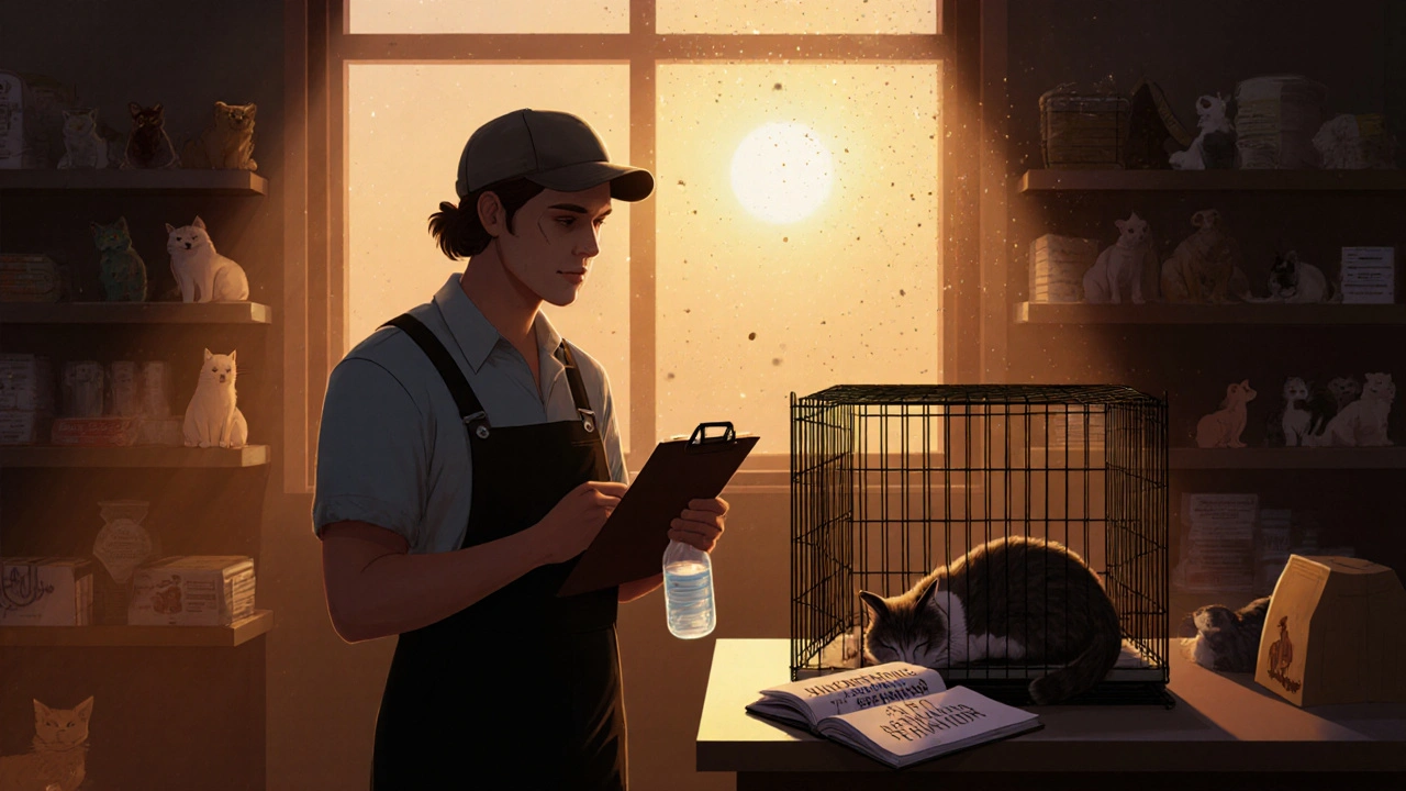 Працівник зоомагазину в ранковій тиші біля сплячої кішки.