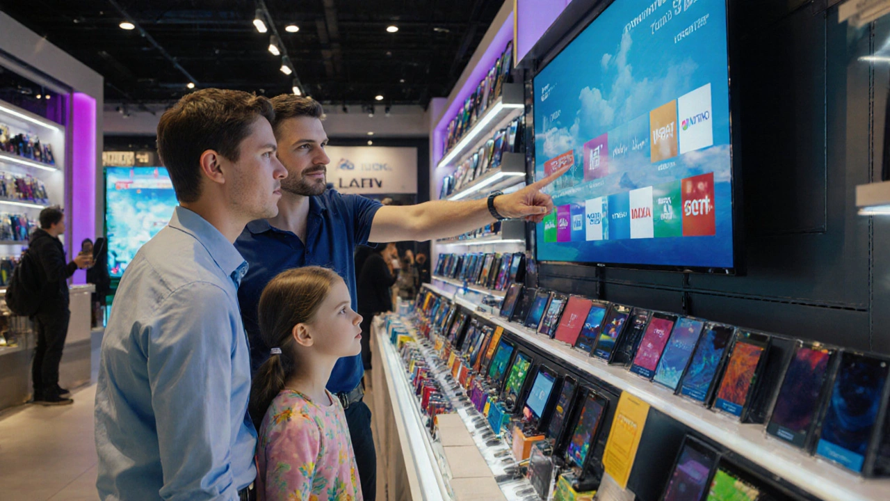 Продавець показує телевізор сім&#039;ї в магазині техніки.