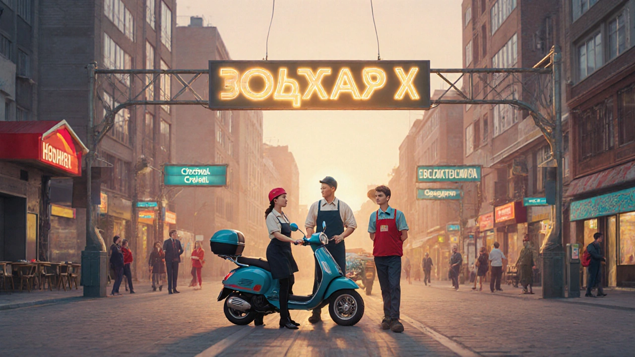 Різні працівники Оболоні — касир, охоронець, кур&#039;єр, підсобник — разом під знаком &#039;Робота є&#039;.