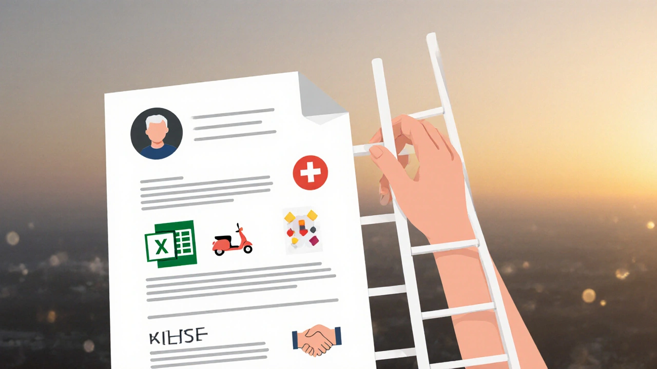 Рука витягує драбину з іконами робіт — Excel, кур’єр, медсестра, код — символізує шляхи працевлаштування.