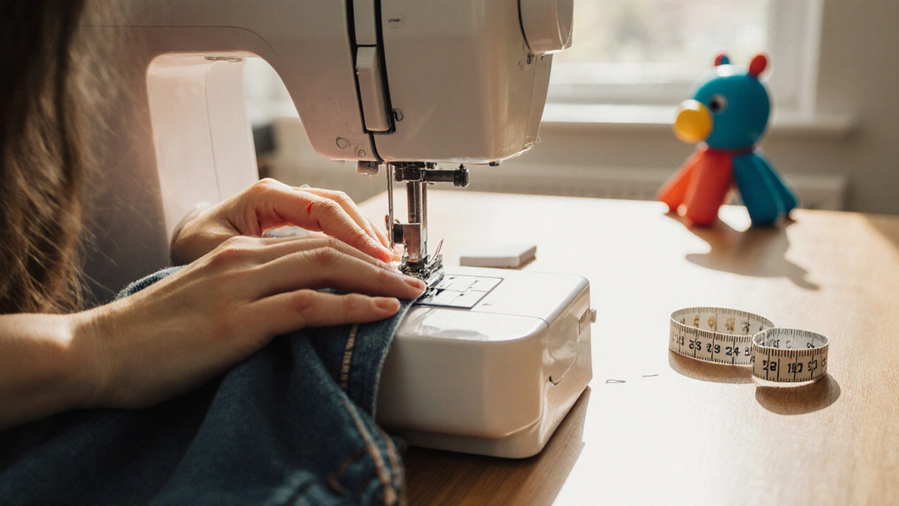 Руки швеї шиють штани на кухонному столі, ближче — іграшка дитини.