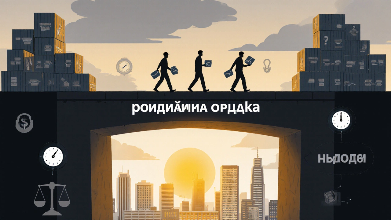 Символічний міст з коробок веде працівників до сонячного Києва, символізуючи щоденну зарплату.