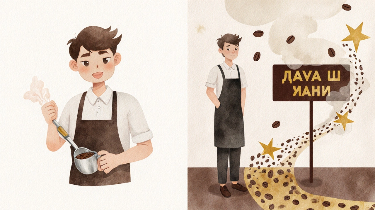 Шлях баристи від новачка до власника кав’ярні в Києві, зображення в стилі акварелі.