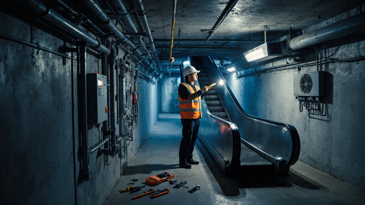 Технік перевіряє ескалатор у тунелі метрополітену з фонариком і інструментами.