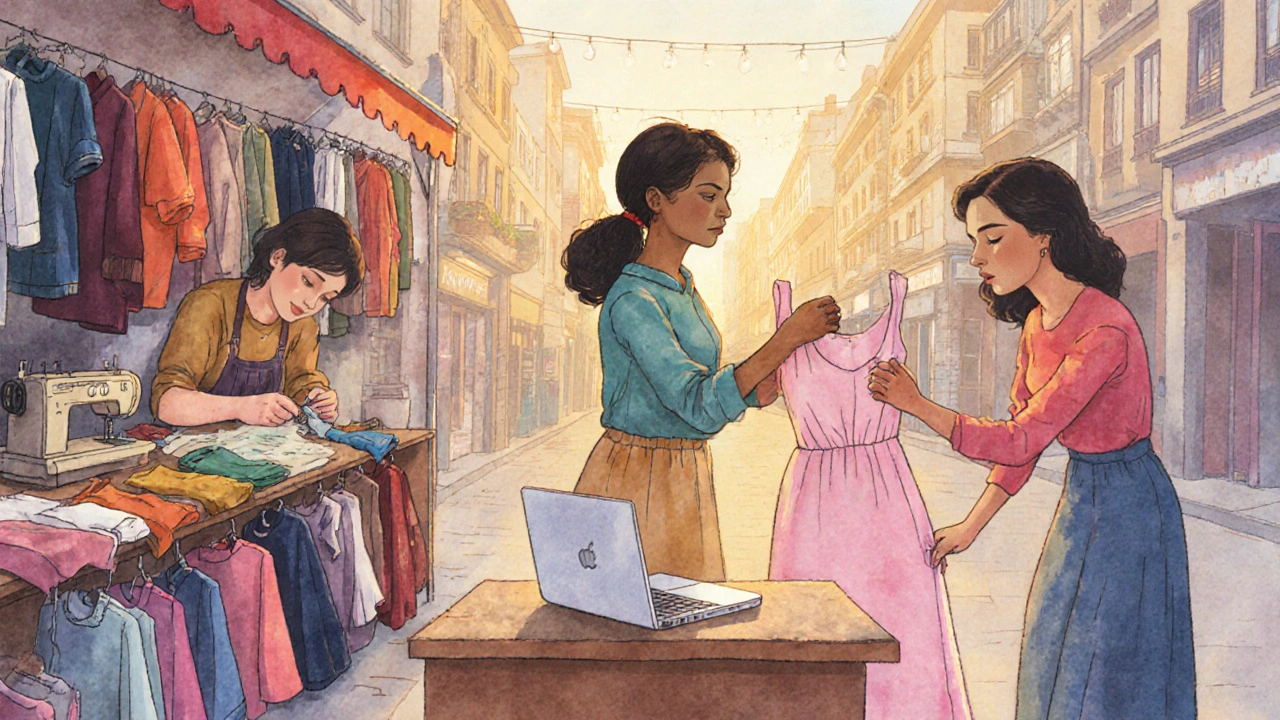 Жінки в Києві працюють як швеї в різних середовищах: вдома, на ринку, з клієнтами.