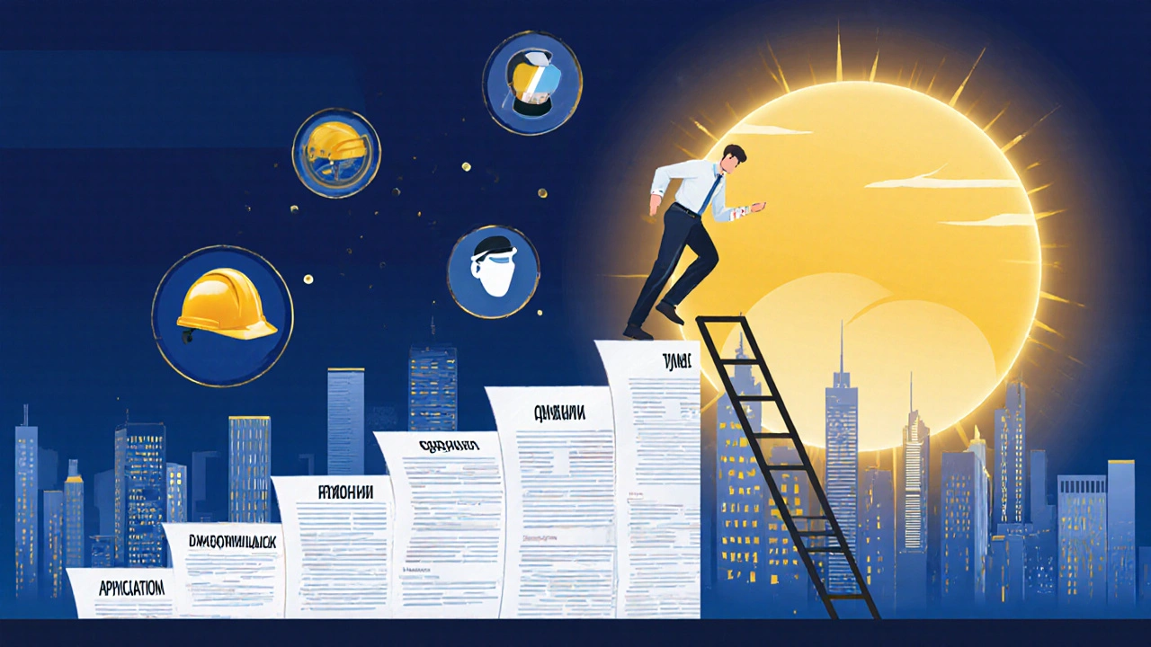 Чоловік піднімається по сходах з вакансіями до сонячного сходу над Києвом.