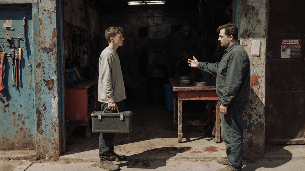 Чоловік стоїть перед автосервісом у Оболоні, очікуючи можливості праці.