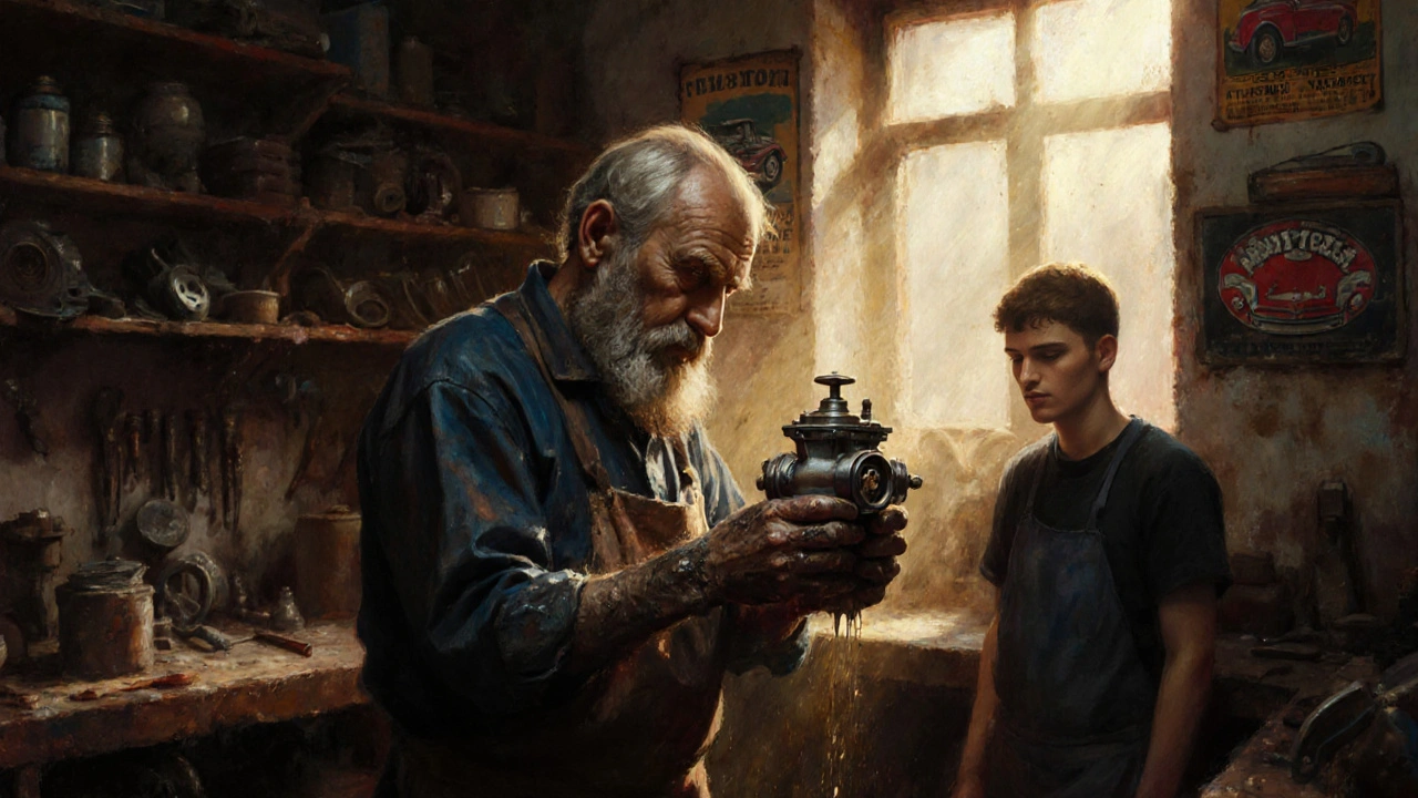 Досвідчений автослесар тримає карбюратор у малій майстерні, молодий учень спостерігає.