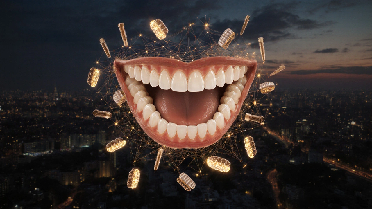 Художнє зображення посмішки, складеної з зубних протезів, що плавають над Києвом.