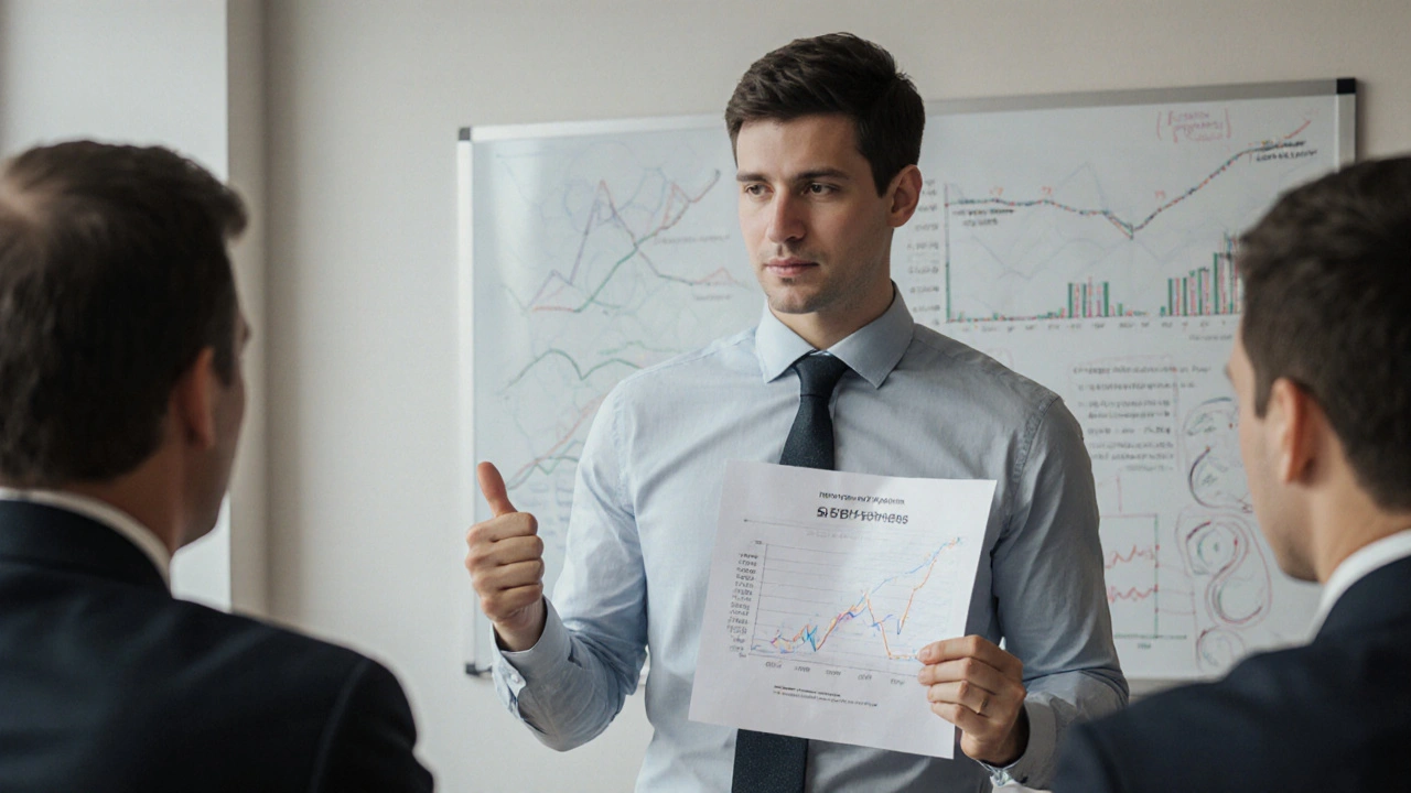 Кандидат на посаду економіста презентує аналітичний звіт панелі менеджерів.