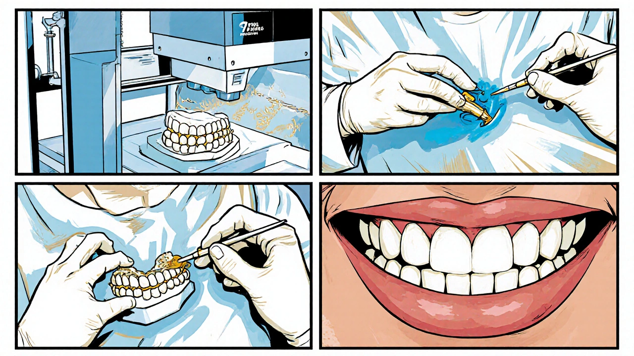 Коміксова ілюстрація зубного техніка, що виготовляє протези за допомогою 3D-друку та лазерної зварювання.