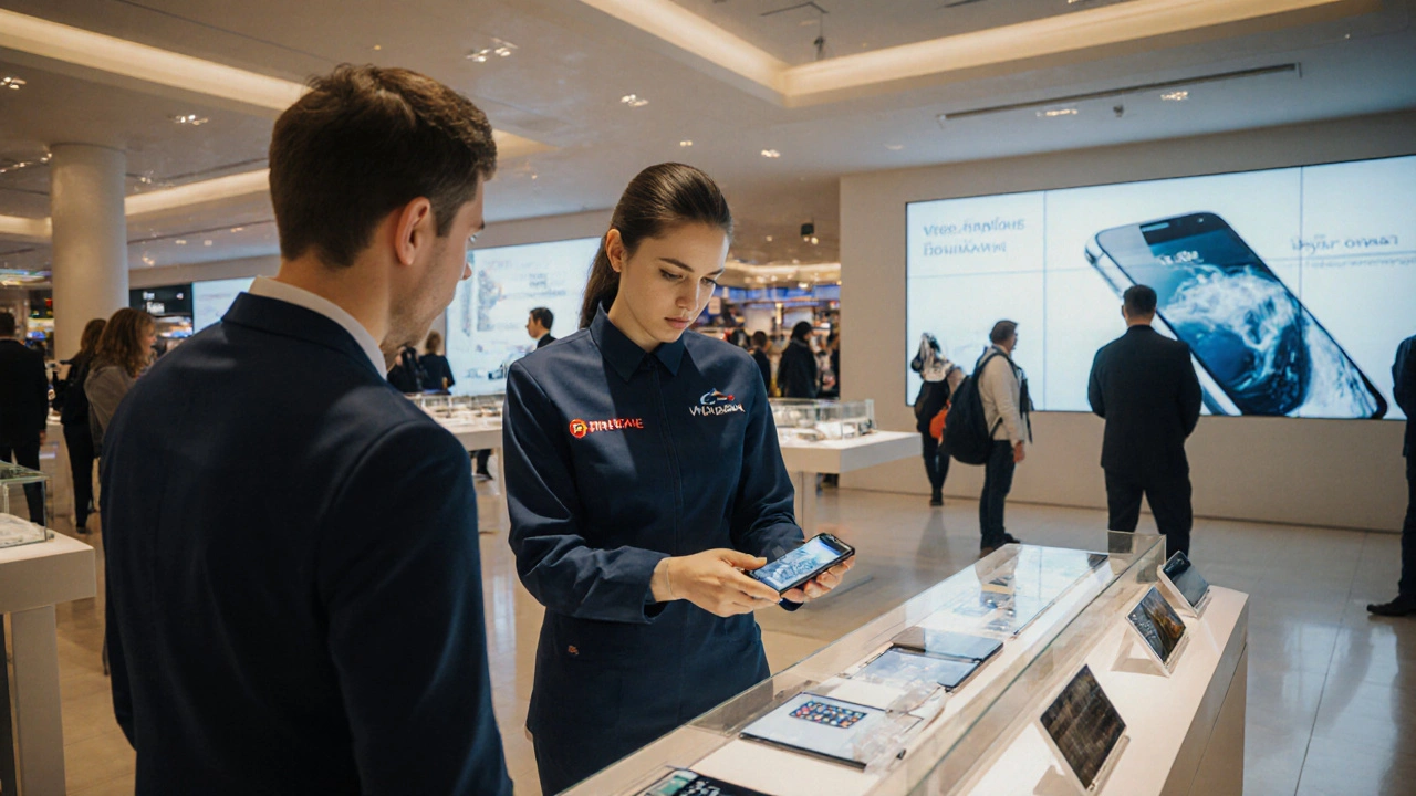Консультант з технікою показує смартфон покупцю в ТРЦ.