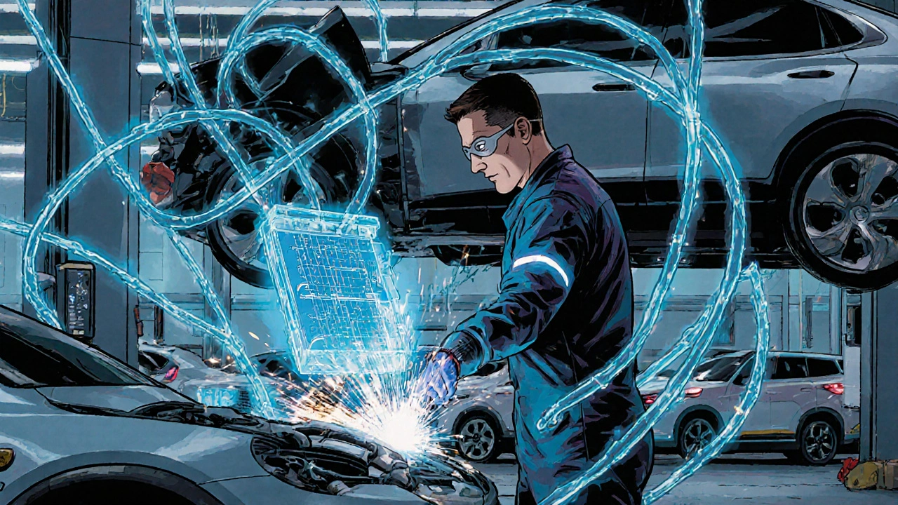 Механік ремонтує електромобіль зі світінням високовольтних кабелів у сучасному сервісі.