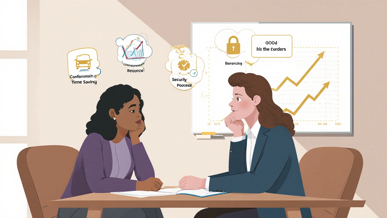 Менеджер з продажів консультує клієнта, над ними плавають іконки зручності та економії часу.