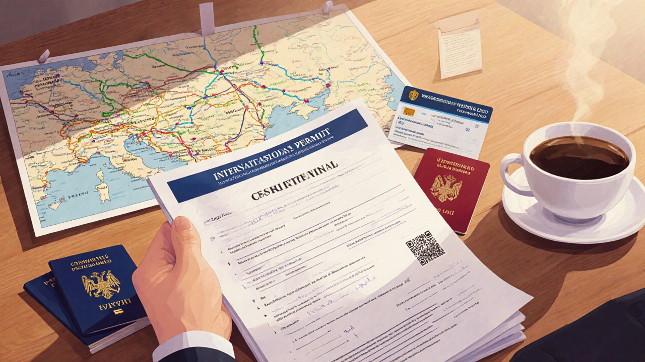 Офіційні документи водія міжнародних перевезень на столі з картою Європи.