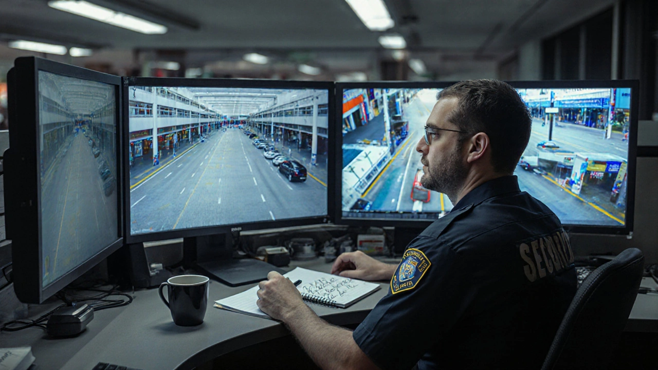 Охоронець спостерігає за екранами камер у контрольній кімнаті торговельного центру на Дарниці.