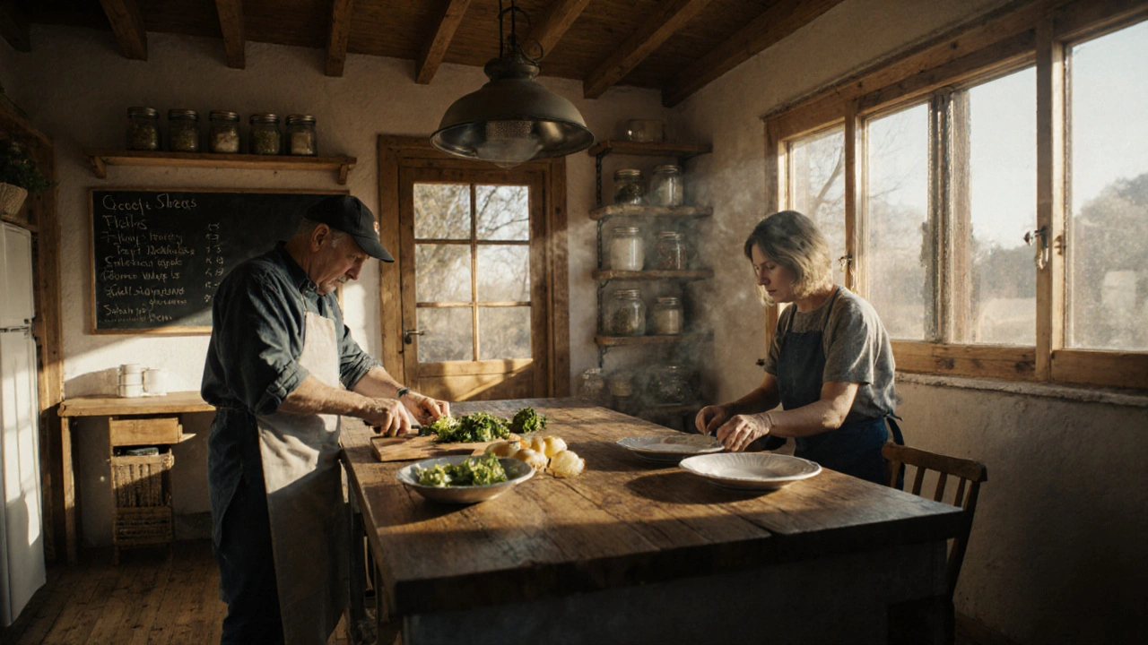 Пара працює разом на кухні в сільському будинку, сонячний світло і домашній інтер&#039;єр.