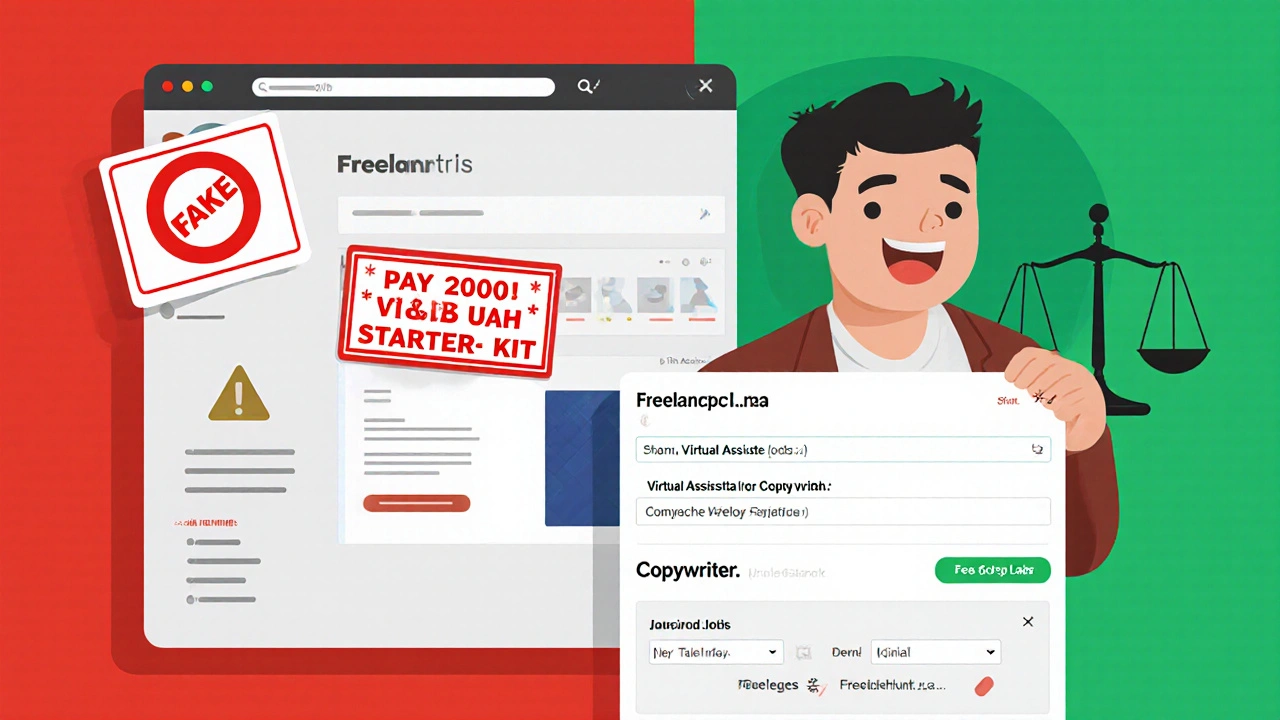 Порівняння: шахрайська вакансія з вимогою плати зліва, легальна робота на Freelancehunt.com справа.