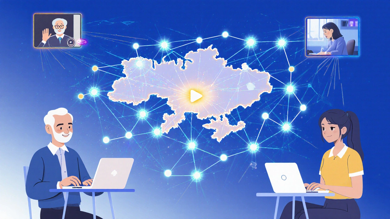 Різні люди з Києва працюють з дому: віртуальний асистент, репетиторка, дизайнер — з’єднані цифровою мережею України.