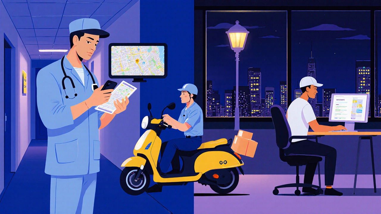 Різні працівники нічної зміни в Києві: медсестра, водій таксі, кур&#039;єр і IT-спеціаліст у міському середовищі.