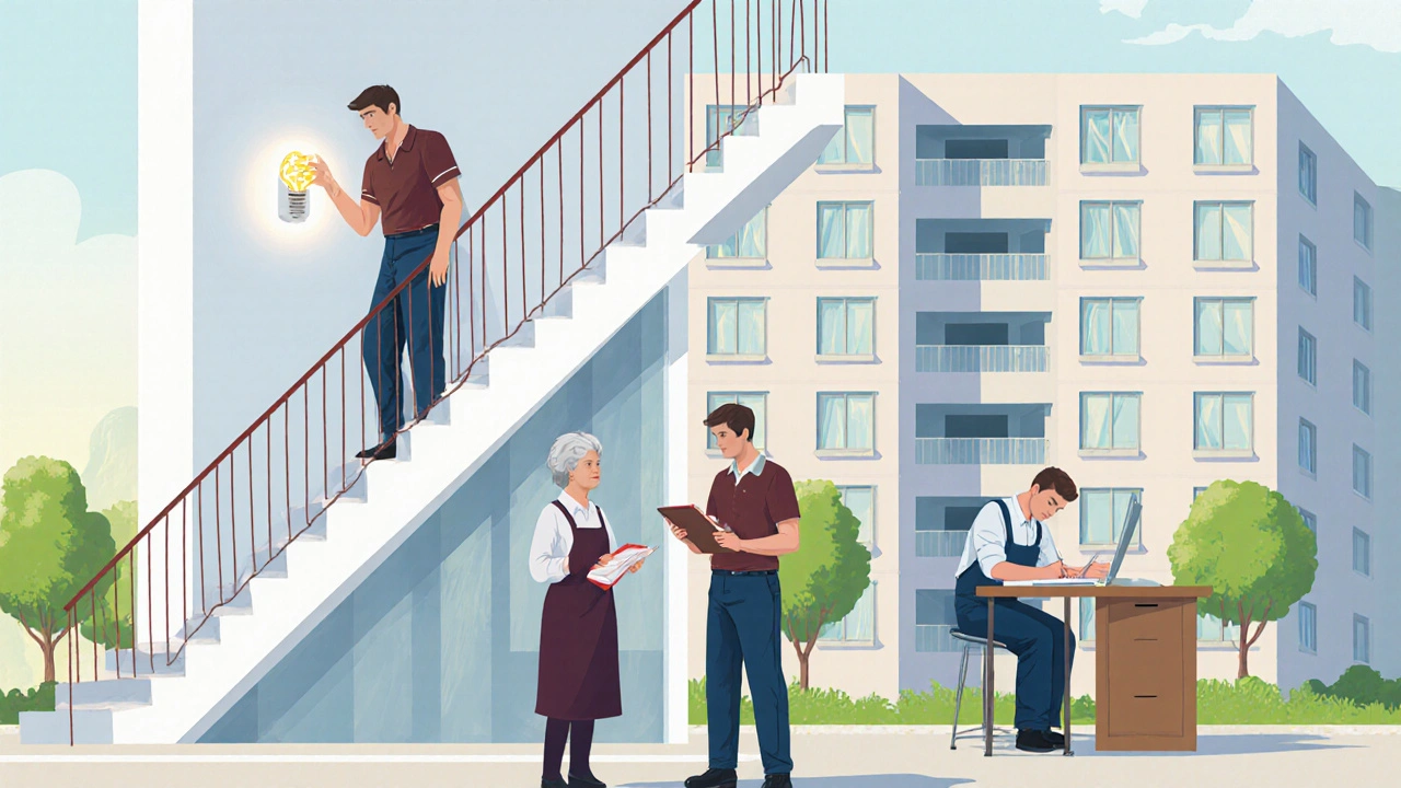 Різноманітна група хозяйственників працює в житловому комплексі: замінюють лампу, розмовляють з мешканцями, заповнюють документи.