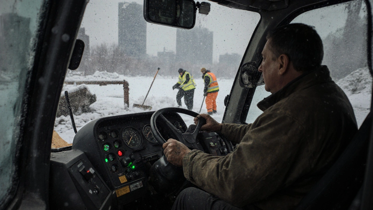 Руки оператора екскаватора в кабіні під час снігопаду, на панелі горять індикатори, за вікном — сніг і робітники.