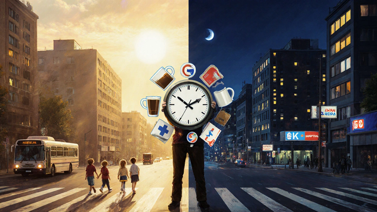 Символічна сцена людини між днем і ніччю, де нічна робота перетинається з сімейним життям.