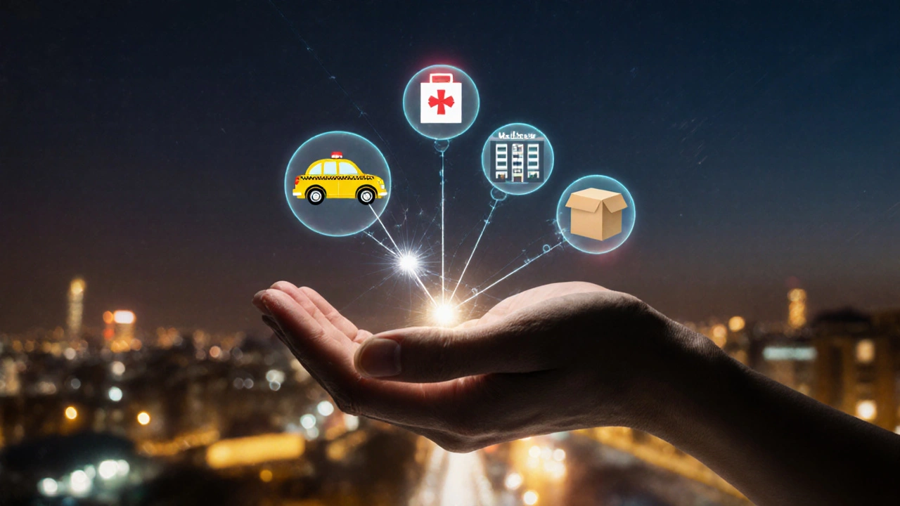 Символічне зображення диспетчера, який утримує нитки різних служб міста.