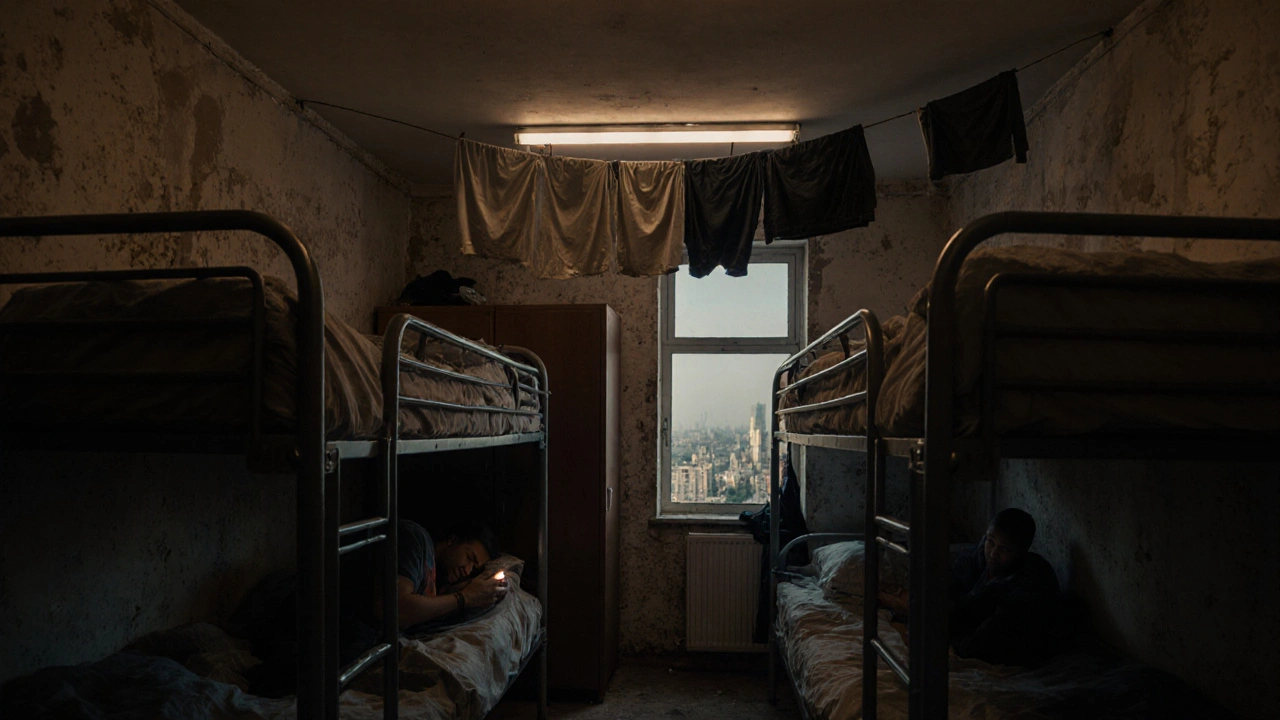 Три працівники сплять у гуртожитку, один читає на телефоні, кімната зі складною обстановкою.