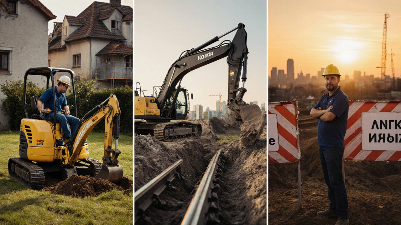 Три сцени розвитку оператора: новачок, досвідчений працівник і власник екскаватора на фоні Києва.