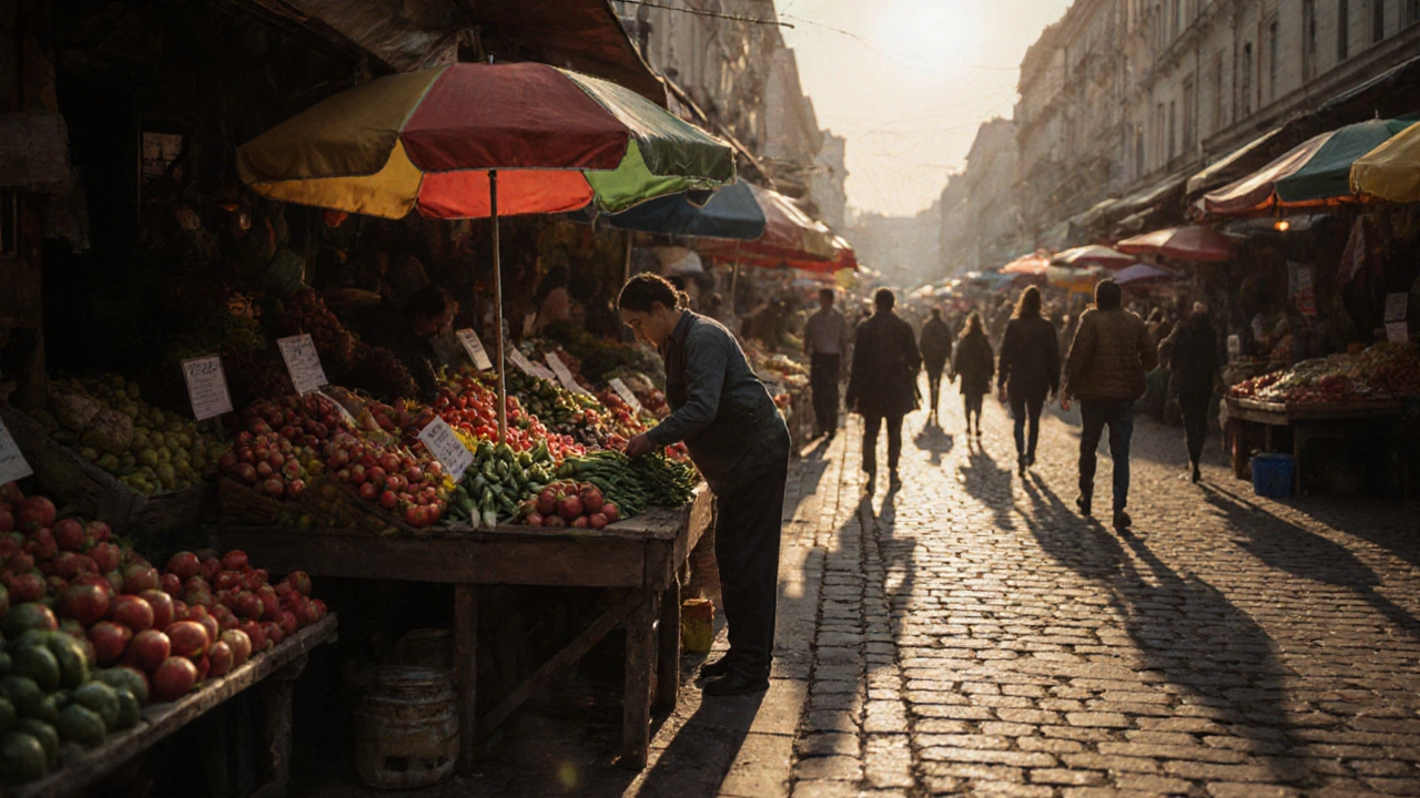 Вантажник на ринку розкладає овочі на ранковому ринку в Києві.