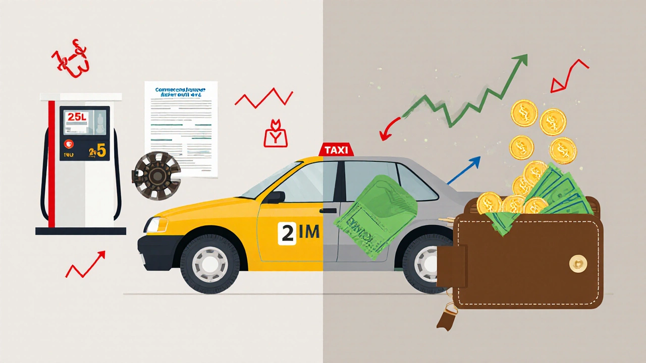 Витрати та дохід водія таксі в Києві: пальне, страховка, чистий дохід — візуальне порівняння.