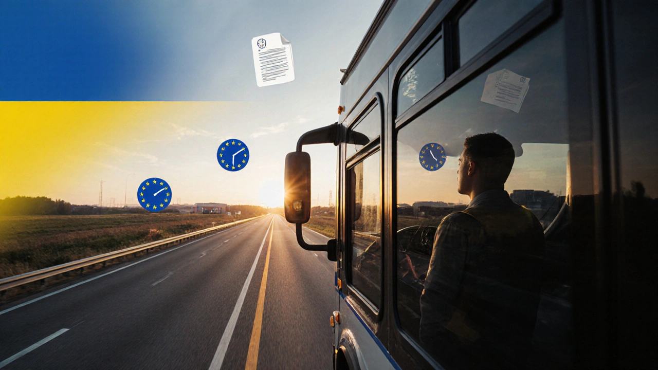 Водій на кордоні дивиться на європейську дорогу, символізуючи міжнародні перевезення.