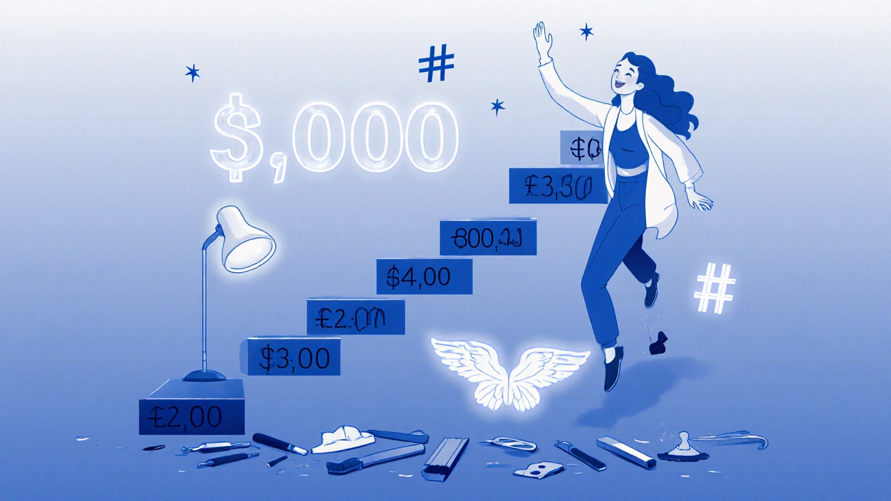 Жінка піднімається сходами з цифрами зарплат, інструменти перетворюються на крила, навколо — хештеги.