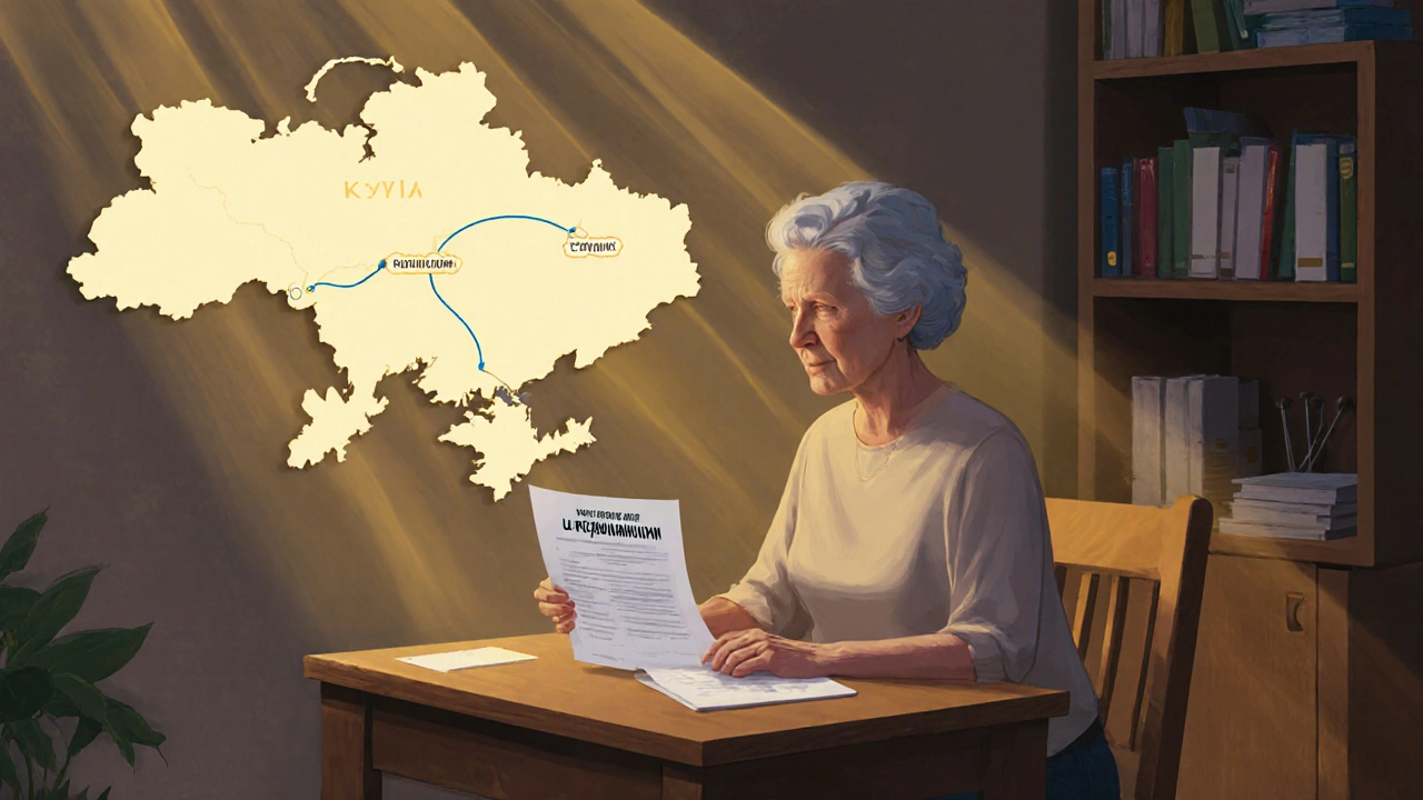 Жінка після 50 читає пропозицію роботи з проживанням, за нею — карта України зі світловими зв’язками.