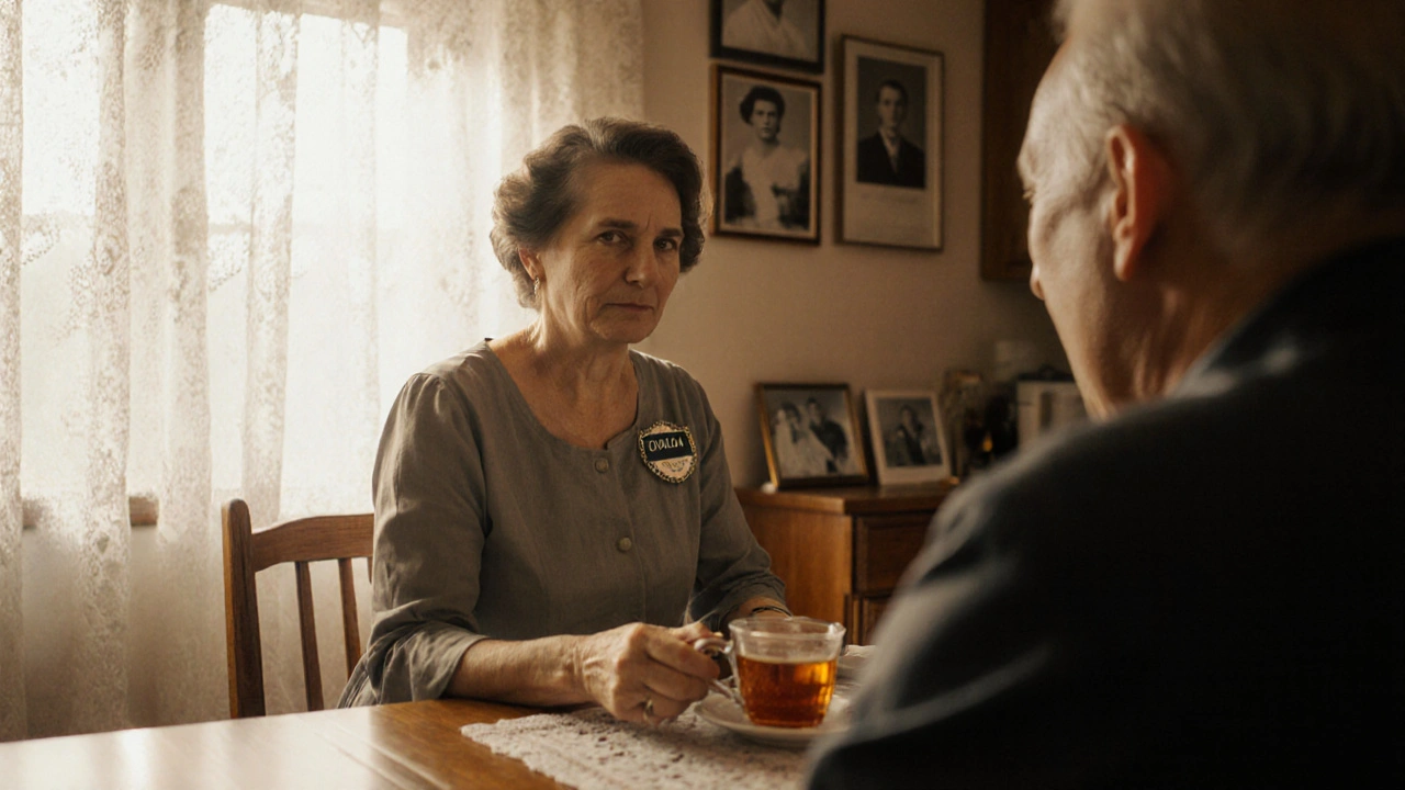 Жінка після 50 років доглядає за літнім чоловіком у приватному будинку, тепла атмосфера кухні.