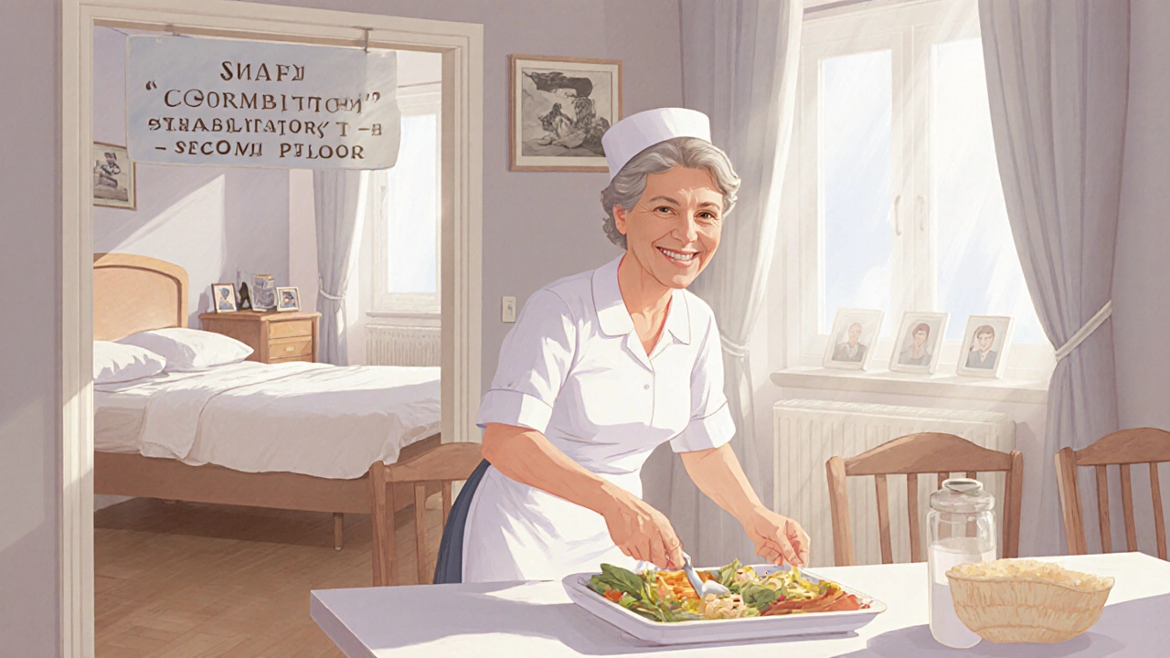 Жінка після 50 років працює в реабілітаційному центрі, її кімната для персоналу видна за дверима.