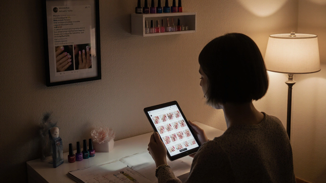 Жінка працює на дому, показує клієнтці портфоліо нігтів на планшеті, на стіні — відгуки з Instagram.