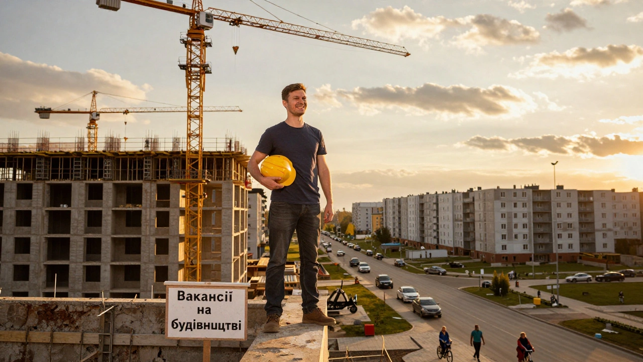 Будівельник на даху нового будинку на Лівому березі Києва.