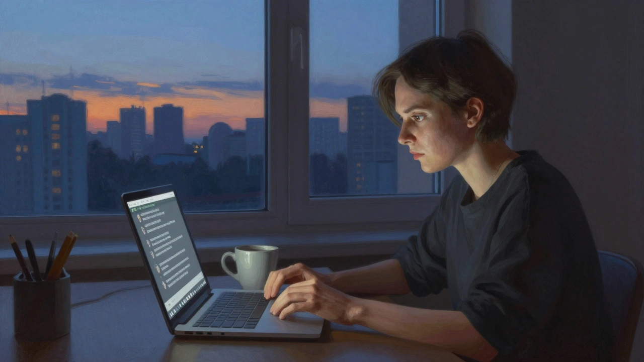 Фрілансер працює вдома вночі, екран ноутбука освітлює обличчя, за вікном — схід сонця.