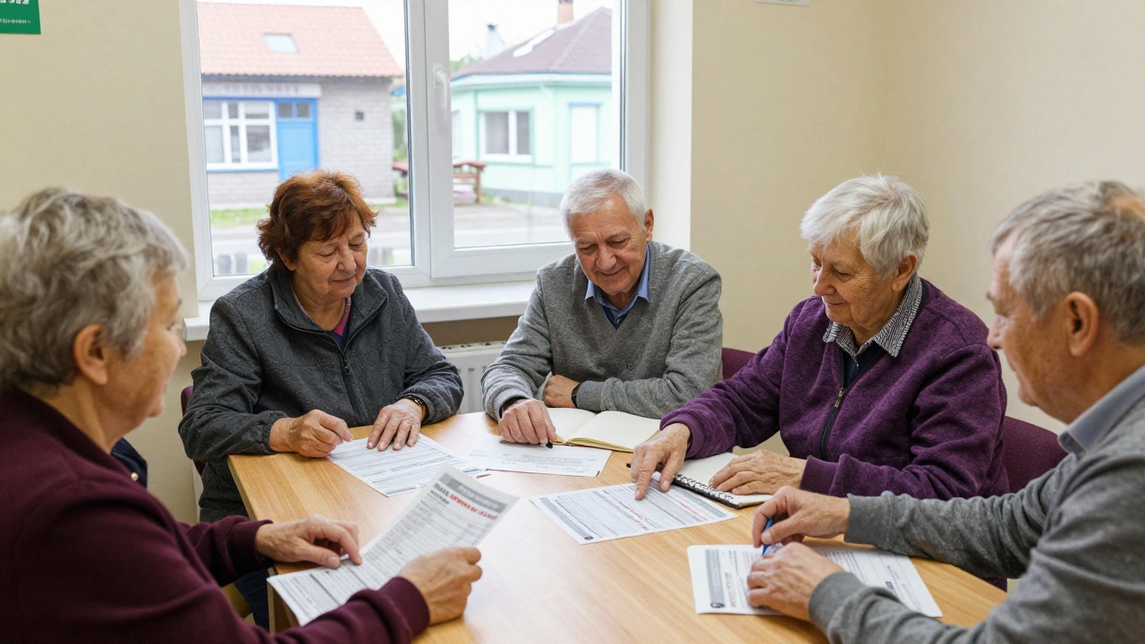 Група пенсіонерів обговорює вакансії в громадському центрі Святошинського району.
