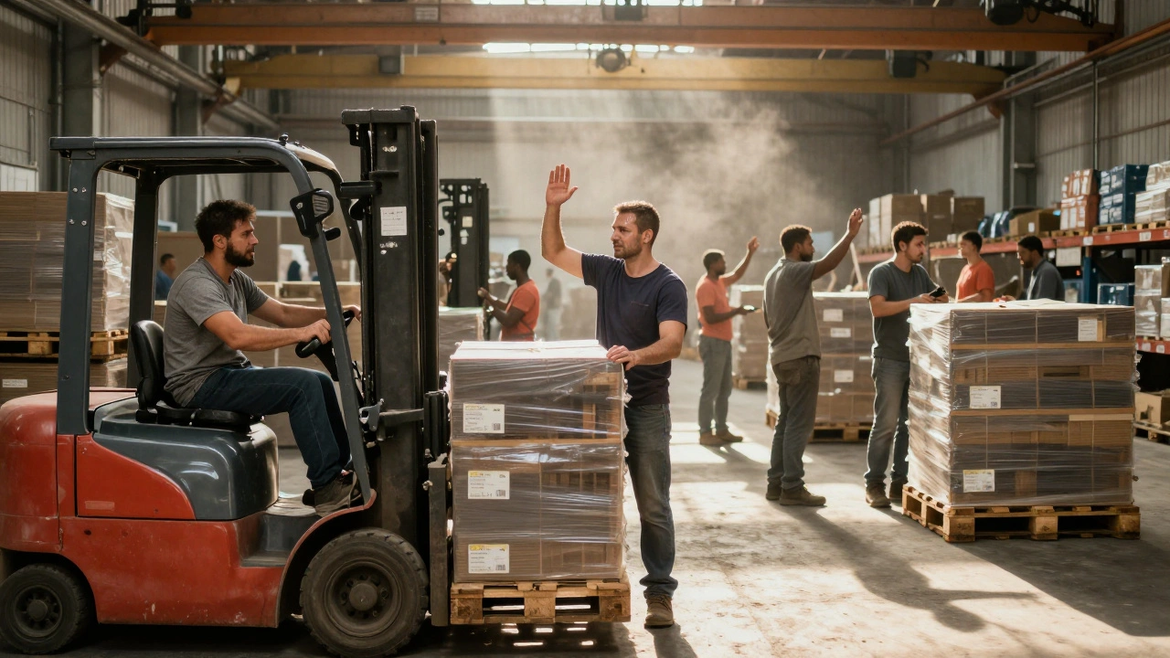 Група працівників складу завантажує палети на електропідйомник у логістичному центрі.